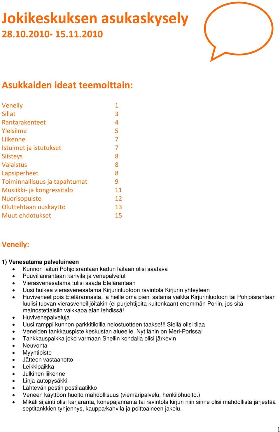 ja kongressitalo 11 Nuorisopuisto 12 Oluttehtaan uuskäyttö 13 Muut ehdotukset 15 Veneily: 1) Venesatama palveluineen Kunnon laituri Pohjoisrantaan kadun laitaan olisi saatava Puuvillanrantaan kahvila