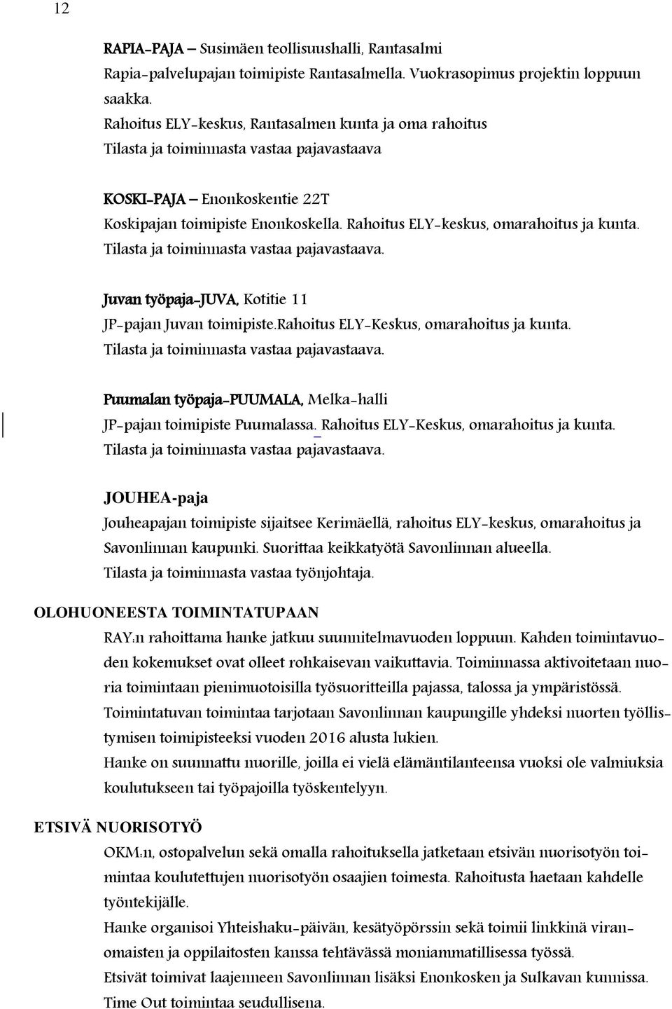 Rahoitus ELY-keskus, omarahoitus ja kunta. Tilasta ja toiminnasta vastaa pajavastaava. Juvan työpaja-juva, Kotitie 11 JP-pajan Juvan toimipiste.rahoitus ELY-Keskus, omarahoitus ja kunta.