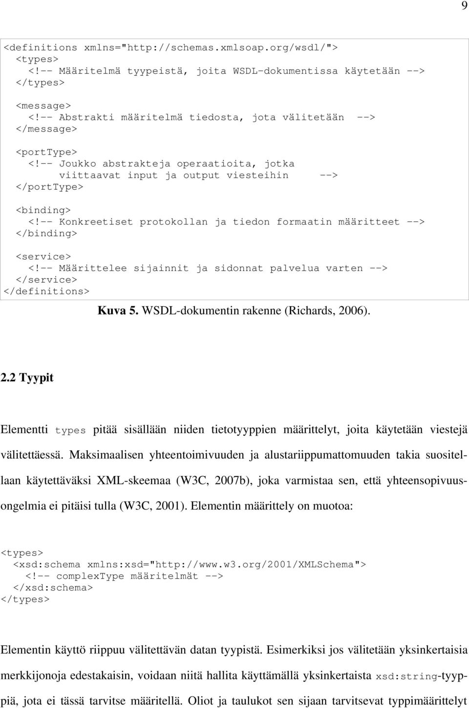 -- Konkreetiset protokollan ja tiedon formaatin määritteet --> </binding> <service> <!-- Määrittelee sijainnit ja sidonnat palvelua varten --> </service> </definitions> Kuva 5.