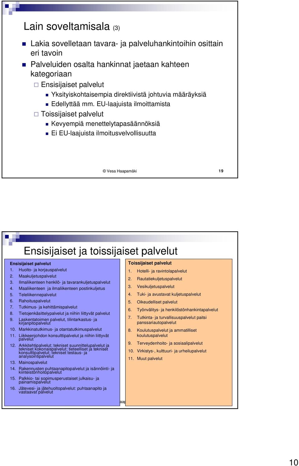 EU-laajuista ilmoittamista Toissijaiset palvelut Kevyempiä menettelytapasäännöksiä Ei EU-laajuista ilmoitusvelvollisuutta Vesa Haapamäki 19 Ensisijaiset ja toissijaiset palvelut Ensisijaiset palvelut