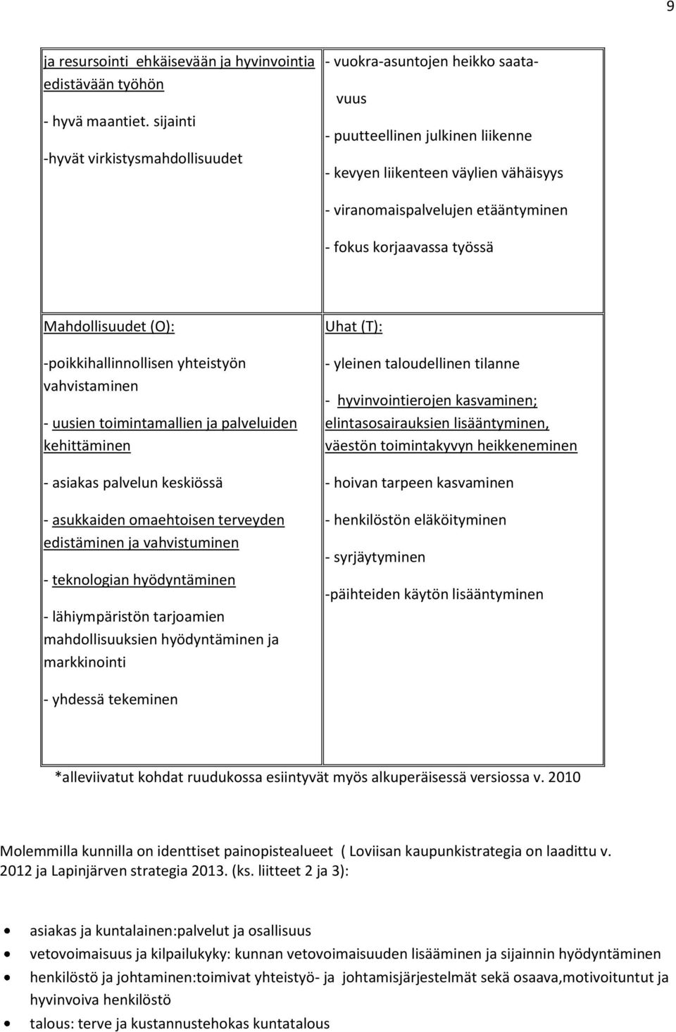 korjaavassa työssä Mahdollisuudet (O): -poikkihallinnollisen yhteistyön vahvistaminen - uusien toimintamallien ja palveluiden kehittäminen - asiakas palvelun keskiössä - asukkaiden omaehtoisen