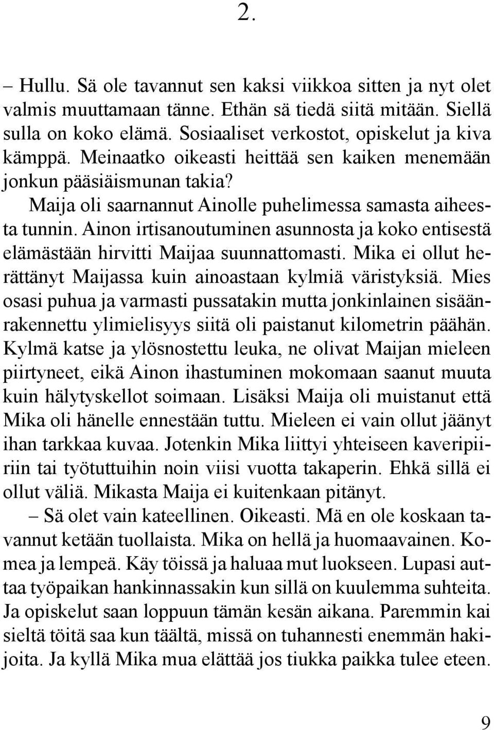 Ainon irtisanoutuminen asunnosta ja koko entisestä elämästään hirvitti Maijaa suunnattomasti. Mika ei ollut herättänyt Maijassa kuin ainoastaan kylmiä väristyksiä.