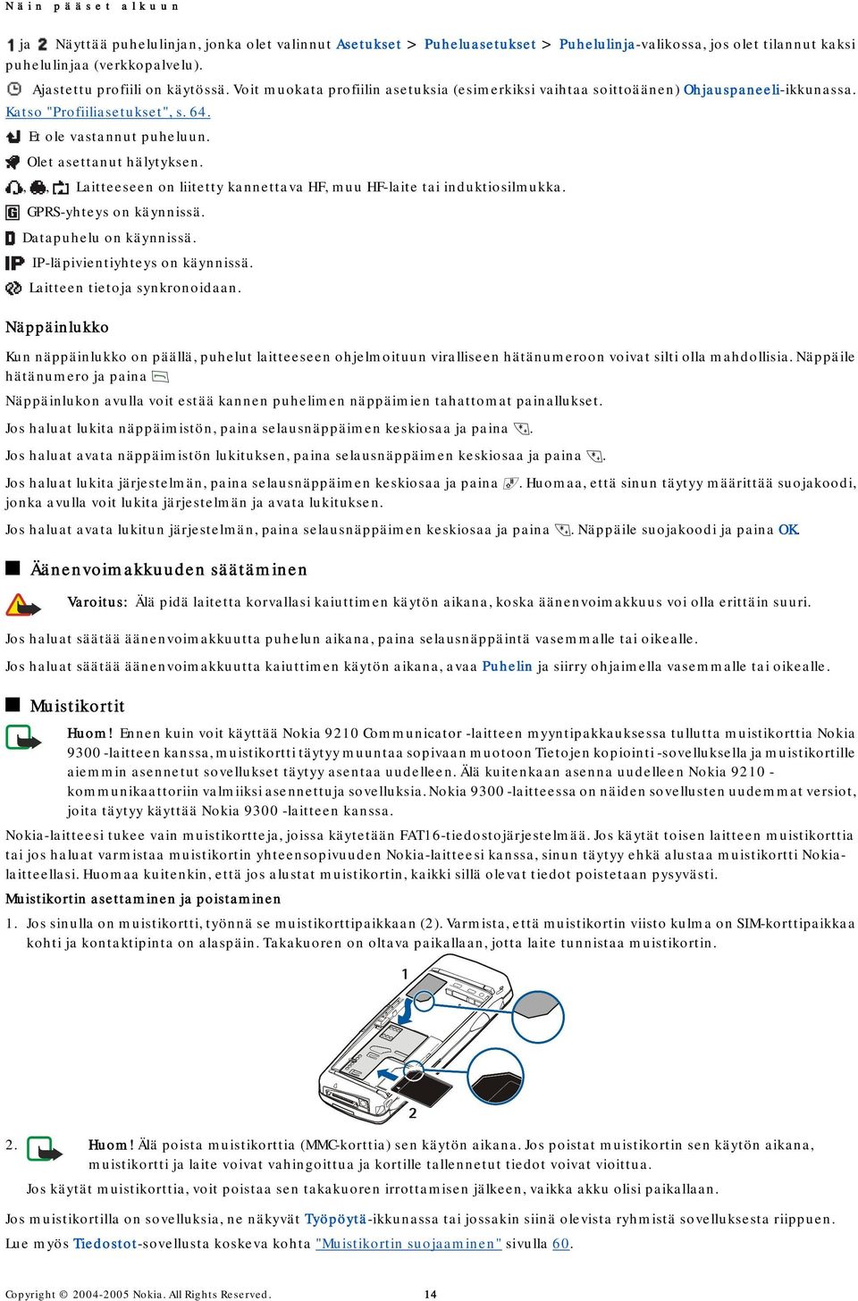 Olet asettanut hälytyksen.,, Laitteeseen on liitetty kannettava HF, muu HF-laite tai induktiosilmukka. GPRS-yhteys on käynnissä. Datapuhelu on käynnissä. IP-läpivientiyhteys on käynnissä.