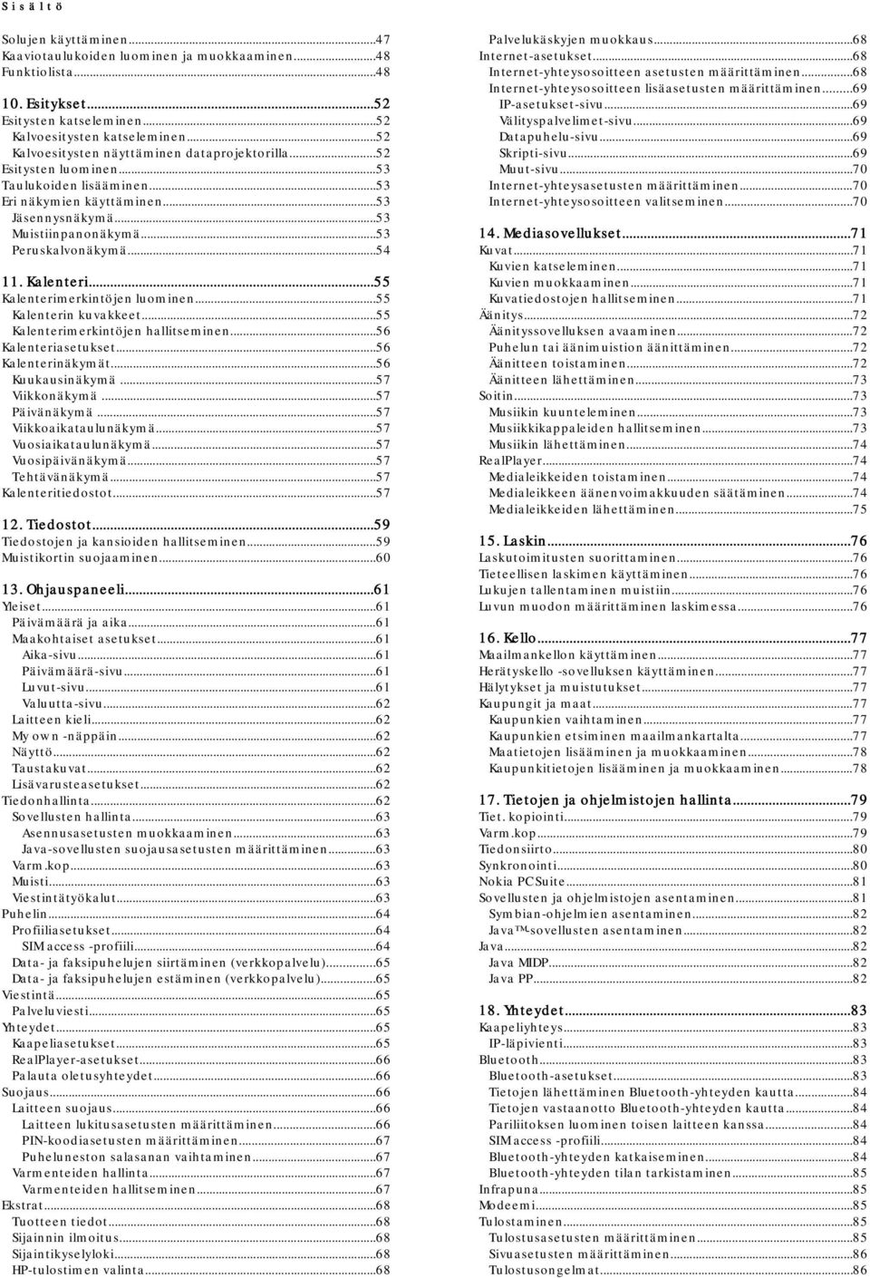 ..54 11. Kalenteri...55 Kalenterimerkintöjen luominen...55 Kalenterin kuvakkeet...55 Kalenterimerkintöjen hallitseminen...56 Kalenteriasetukset...56 Kalenterinäkymät...56 Kuukausinäkymä.