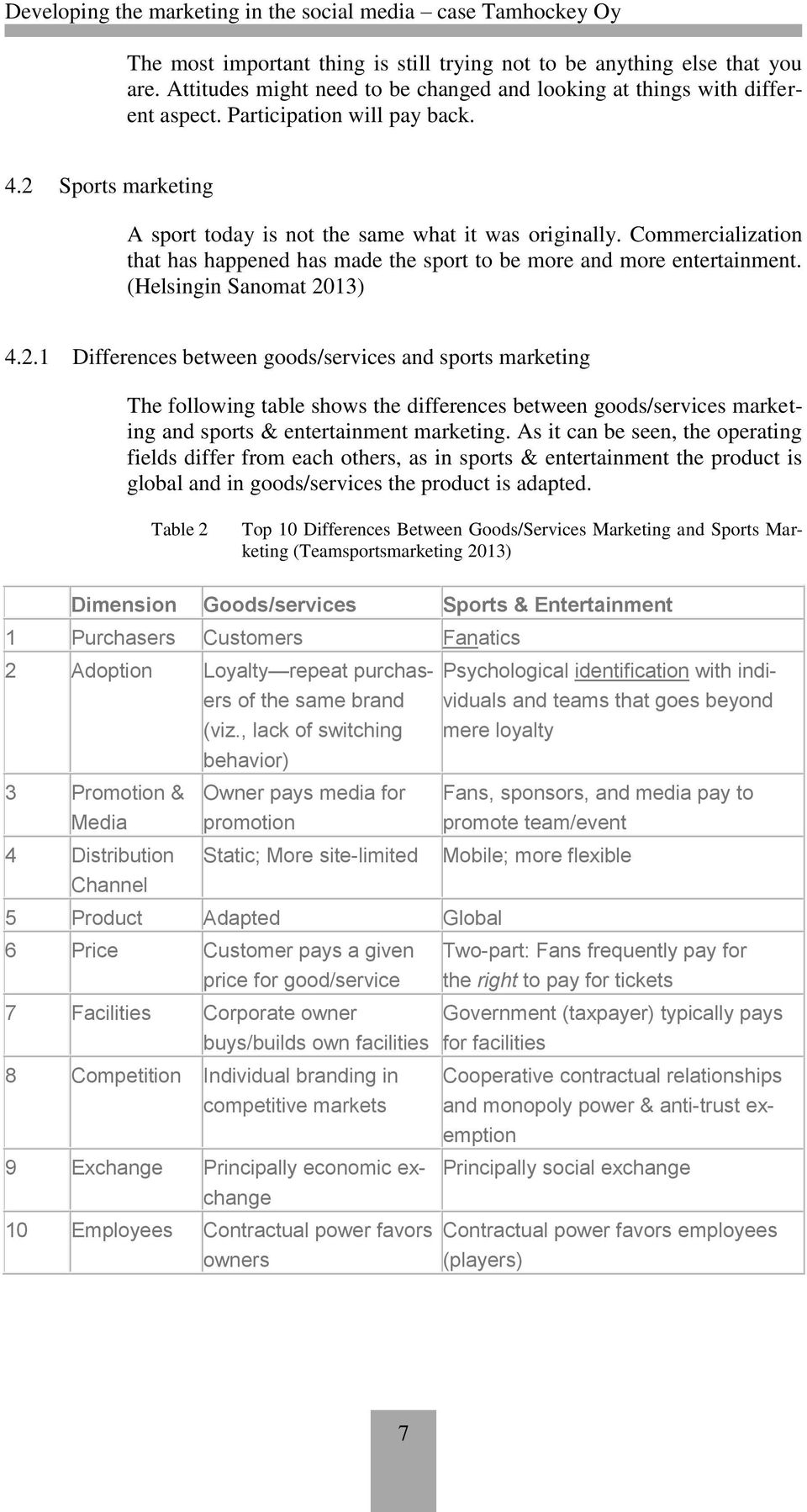 As it can be seen, the operating fields differ from each others, as in sports & entertainment the product is global and in goods/services the product is adapted.