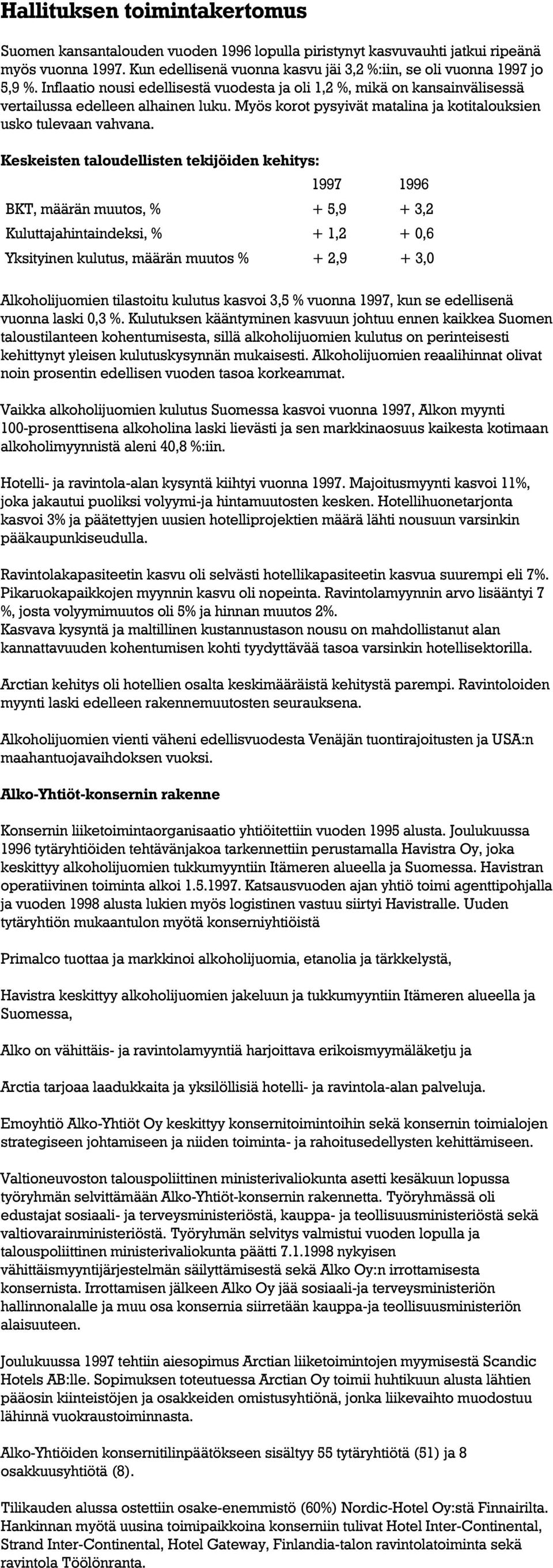 Keskeisten taloudellisten tekijöiden kehitys: 1997 1996 BKT, määrän muutos, % + 5,9 + 3,2 Kuluttajahintaindeksi, % + 1,2 + 0,6 Yksityinen kulutus, määrän muutos % + 2,9 + 3,0 Alkoholijuomien