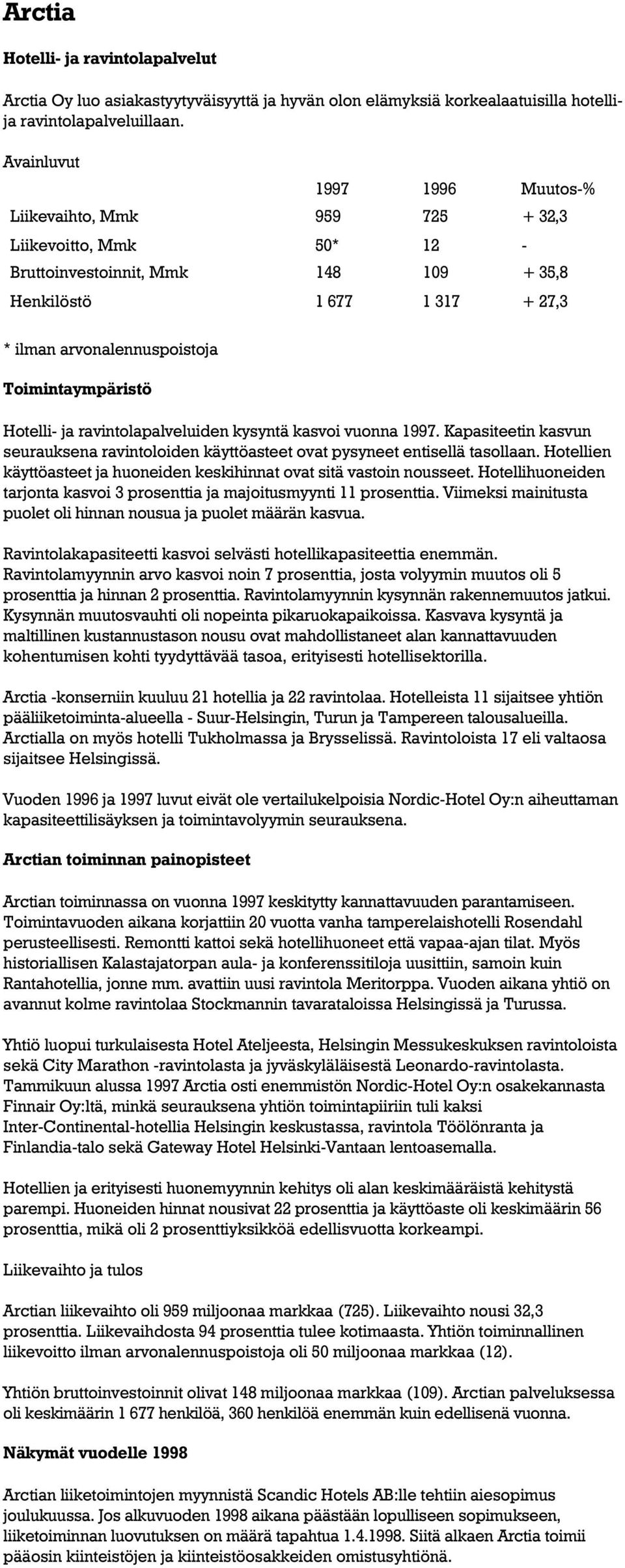 Toimintaympäristö Hotelli- ja ravintolapalveluiden kysyntä kasvoi vuonna 1997. Kapasiteetin kasvun seurauksena ravintoloiden käyttöasteet ovat pysyneet entisellä tasollaan.