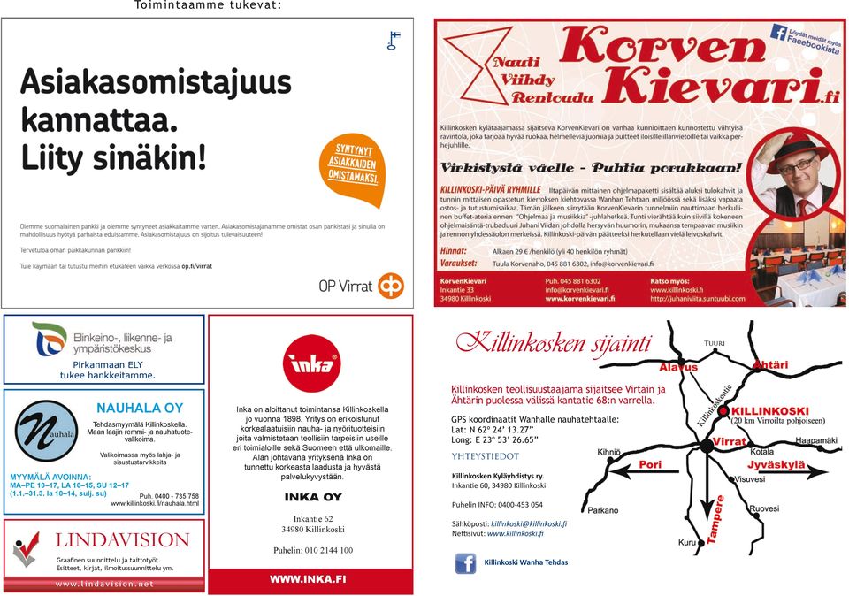 html Lindavision Graafinen suunnittelu ja taittotyöt. Esitteet, kirjat, ilmoitussuunnittelu ym. w w w. l i n d a v i s i o n. n e t Inka on aloittanut toimintansa Killinkoskella jo vuonna 1898.