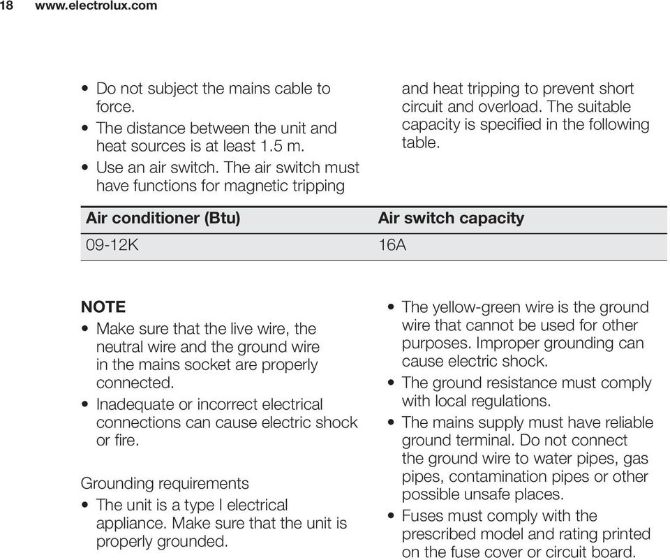 connections can cause electric shock or fire. Grounding requirements appliance. Make sure that the unit is properly grounded. wire that cannot be used for other purposes.