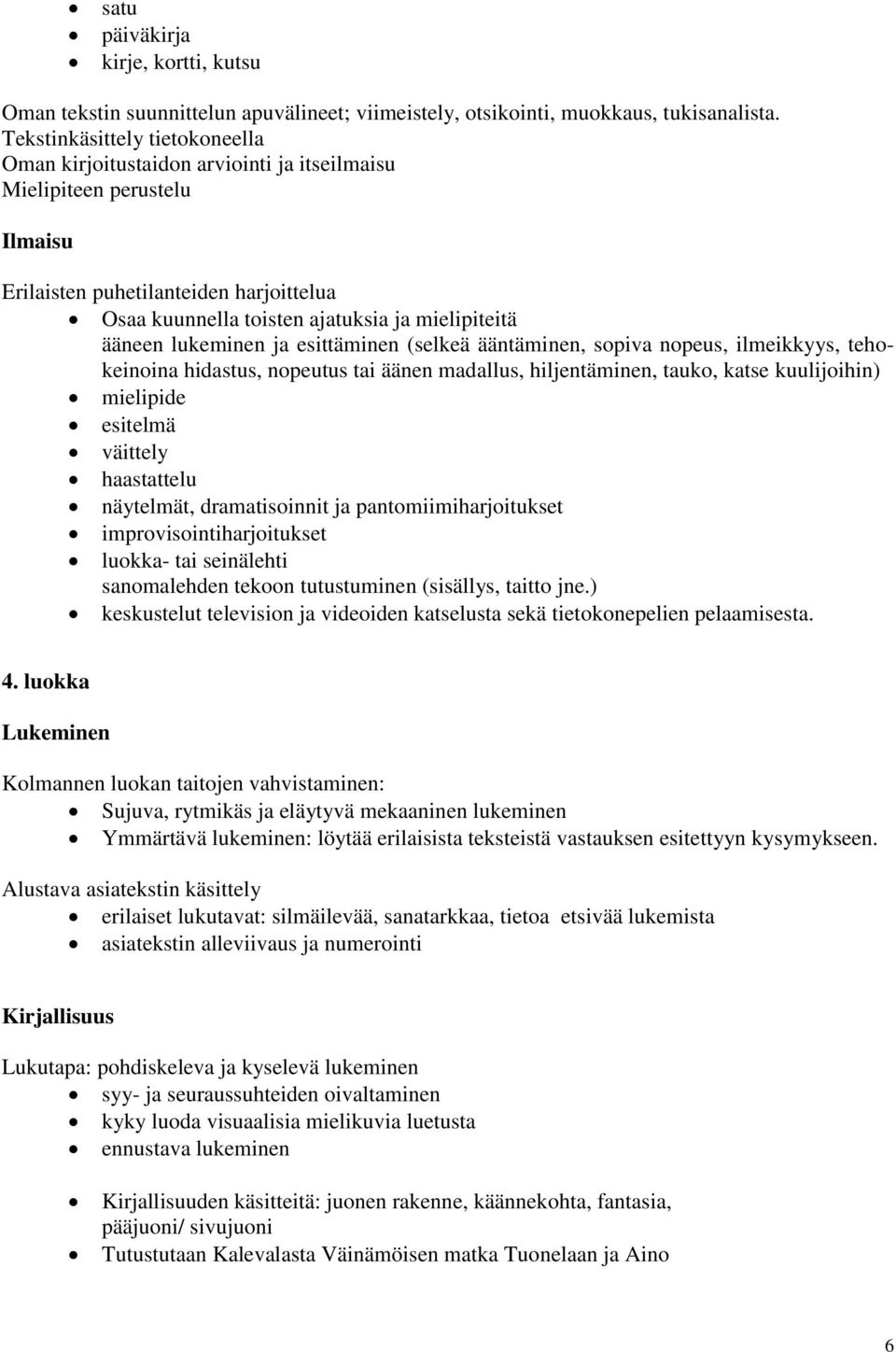 ääneen lukeminen ja esittäminen (selkeä ääntäminen, sopiva nopeus, ilmeikkyys, tehokeinoina hidastus, nopeutus tai äänen madallus, hiljentäminen, tauko, katse kuulijoihin) mielipide esitelmä väittely