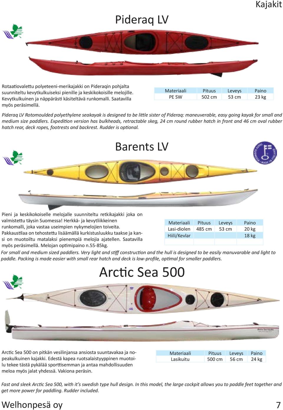 PE SW 502 cm 53 cm 23 kg Pideraq LV Rotomoulded polyethylene seakayak is designed to be little sister of Pideraq: maneuverable, easy going kayak for small and medium size paddlers.