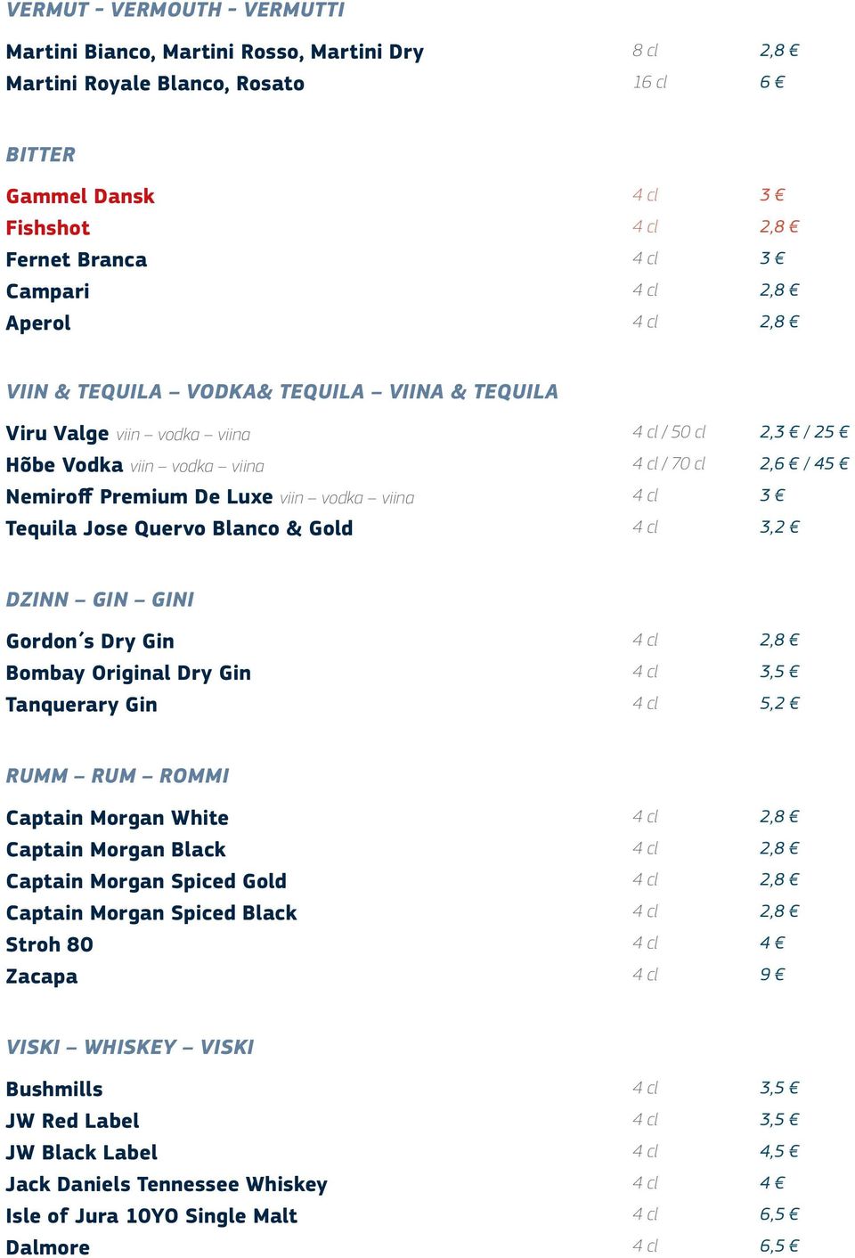 vodka viina 4 cl 3 Tequila Jose Quervo Blanco & Gold 4 cl 3,2 DZINN GIN GINI Gordon s Dry Gin 4 cl 2,8 Bombay Original Dry Gin 4 cl 3,5 Tanquerary Gin 4 cl 5,2 RUMM RUM ROMMI Captain Morgan White 4