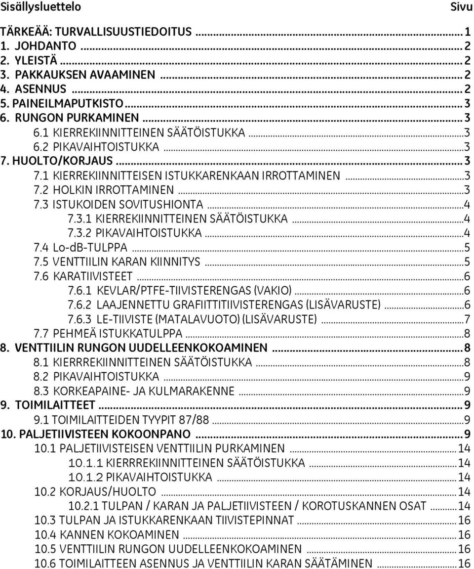 ..4 7.3.2 PIKAVAIHTOISTUKKA...4 7.4 Lo-dB-TULPPA...5 7.5 VENTTIILIN KARAN KIINNITYS...5 7.6 KARATIIVISTEET...6 7.6.1 KEVLAR/PTFE-TIIVISTERENGAS (VAKIO)...6 7.6.2 LAAJENNETTU GRAFIITTITIIVISTERENGAS (LISÄVARUSTE).