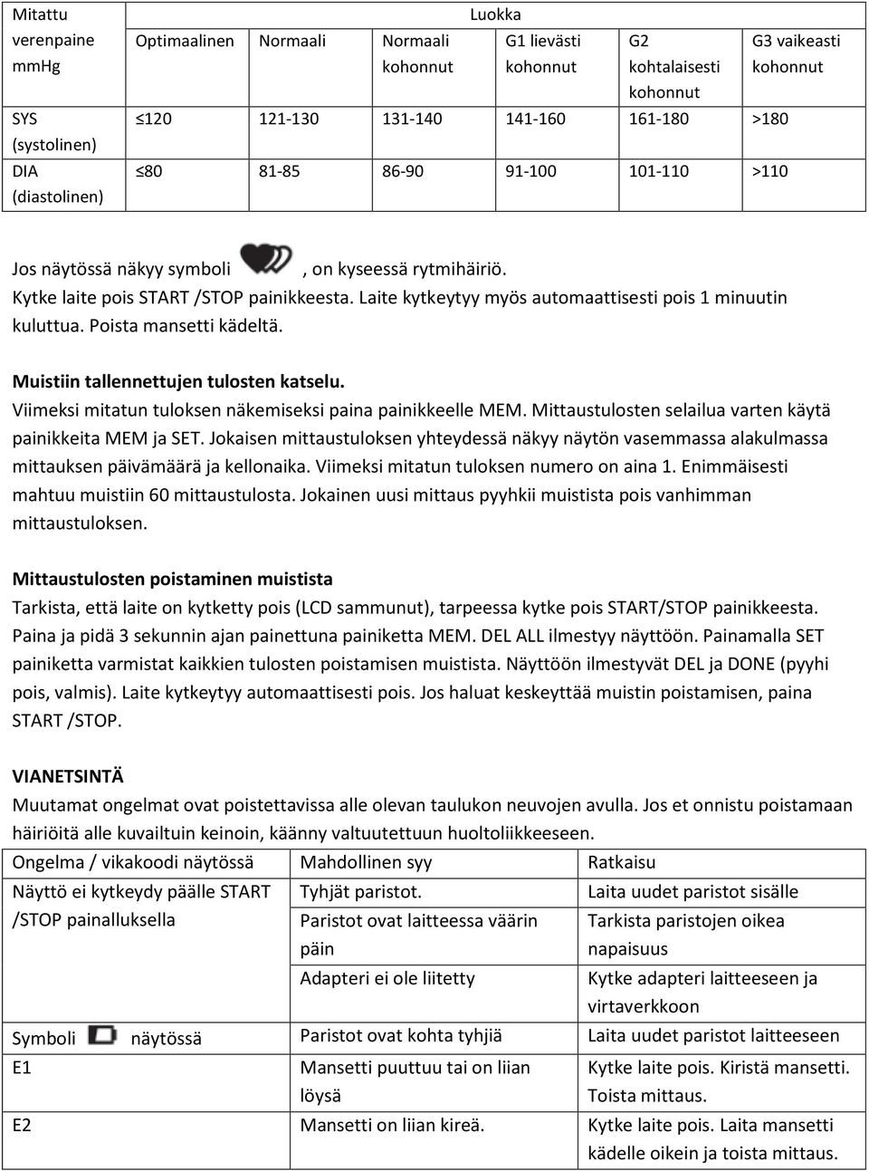 Laite kytkeytyy myös automaattisesti pois 1 minuutin kuluttua. Poista mansetti kädeltä. Muistiin tallennettujen tulosten katselu. Viimeksi mitatun tuloksen näkemiseksi paina painikkeelle MEM.