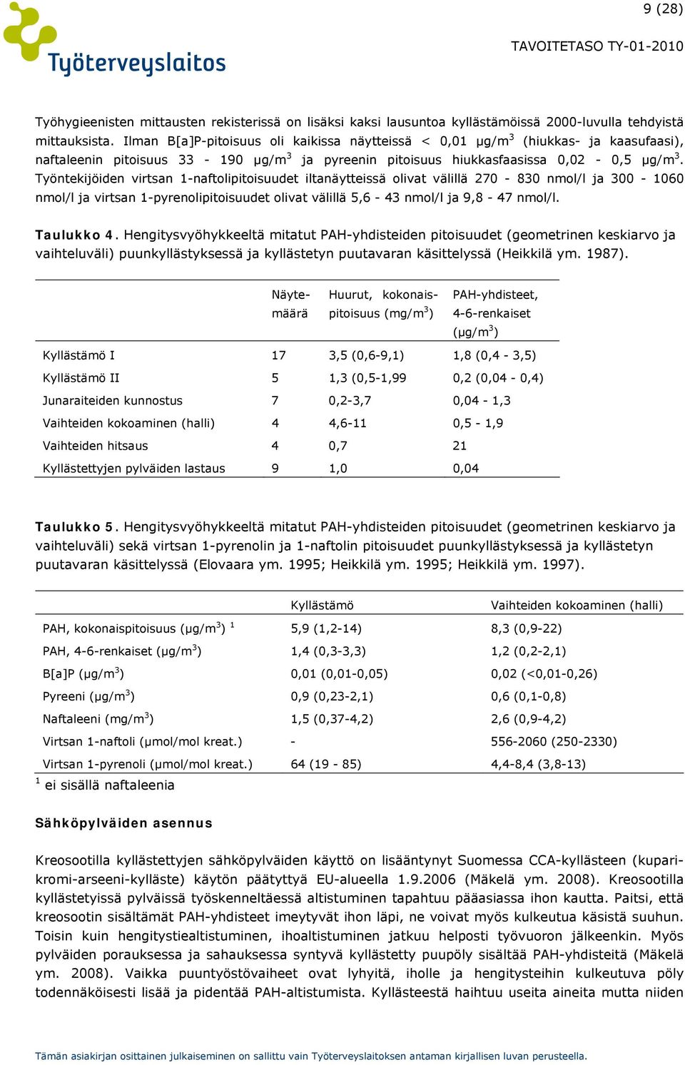 Työntekijöiden virtsan 1-naftolipitoisuudet iltanäytteissä olivat välillä 270-830 nmol/l ja 300-1060 nmol/l ja virtsan 1-pyrenolipitoisuudet olivat välillä 5,6-43 nmol/l ja 9,8-47 nmol/l. Taulukko 4.