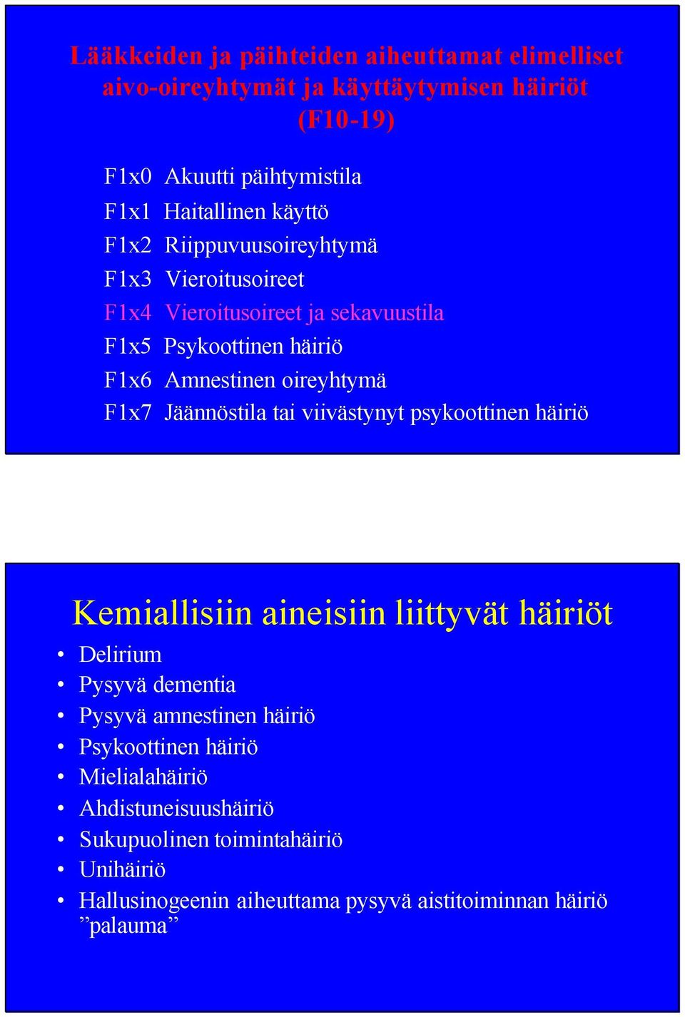 Jäännöstila tai viivästynyt psykoottinen häiriö Kemiallisiin aineisiin liittyvät häiriöt Delirium Pysyvä dementia Pysyvä amnestinen häiriö