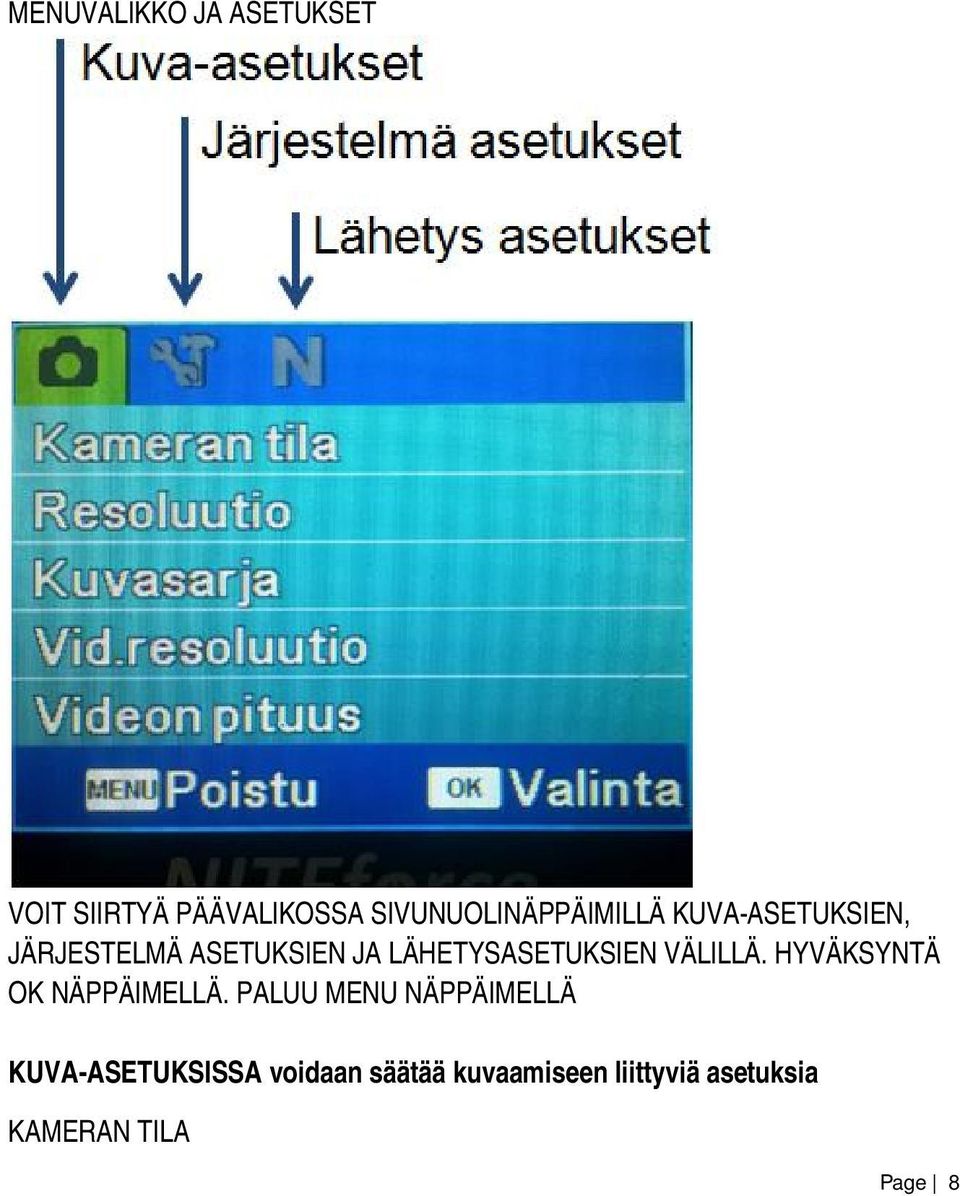 LÄHETYSASETUKSIEN VÄLILLÄ. HYVÄKSYNTÄ OK NÄPPÄIMELLÄ.