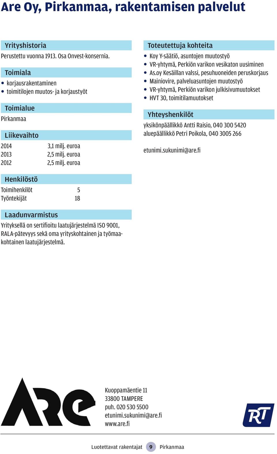 oy Kesäillan valssi, pesuhuoneiden peruskorjaus Mainiovire, palveluasuntojen muutostyö VR-yhtymä, Perkiön varikon julkisivumuutokset HVT 30, toimitilamuutokset yksikönpäällikkö Antti Raisio, 040 300