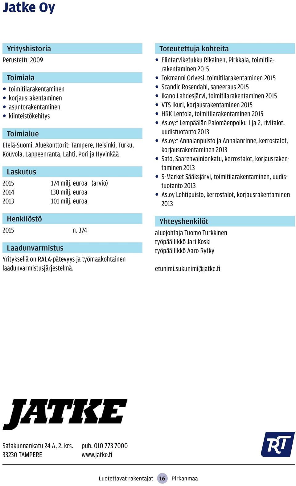 374 Yrityksellä on RALA-pätevyys ja työmaakohtainen laadunvarmistusjärjestelmä.