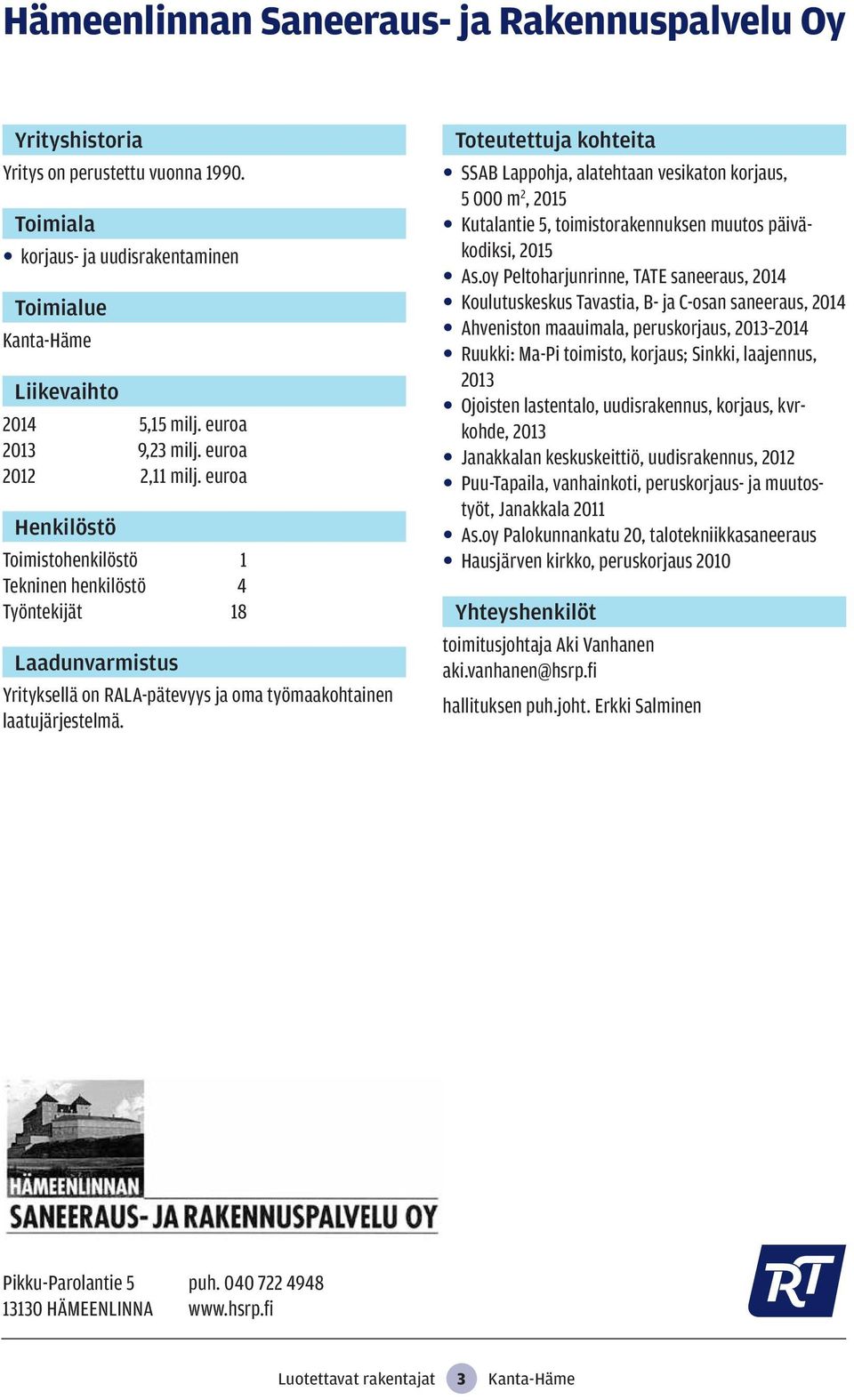 SSAB Lappohja, alatehtaan vesikaton korjaus, 5 000 m 2, 2015 Kutalantie 5, toimistorakennuksen muutos päiväkodiksi, 2015 As.