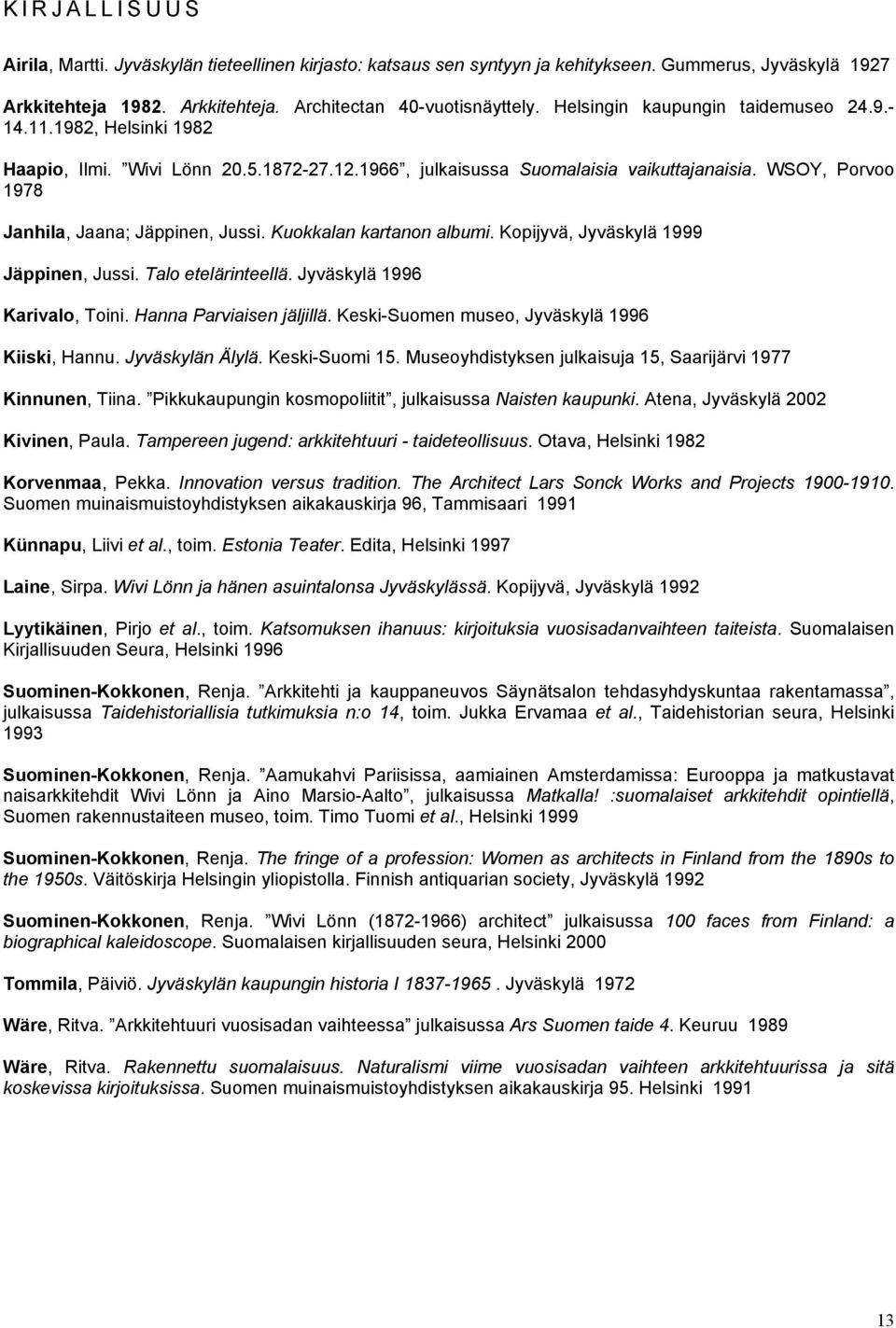 WSOY, Porvoo 1978 Janhila, Jaana; Jäppinen, Jussi. Kuokkalan kartanon albumi. Kopijyvä, Jyväskylä 1999 Jäppinen, Jussi. Talo etelärinteellä. Jyväskylä 1996 Karivalo, Toini. Hanna Parviaisen jäljillä.