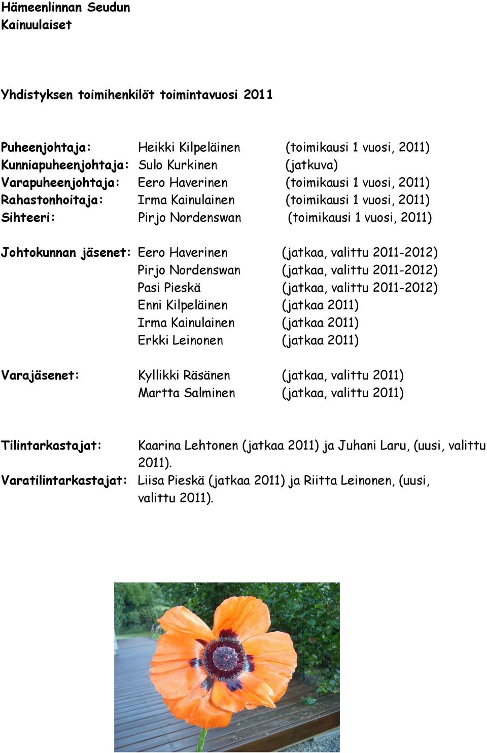 Eero Haverinen (jatkaa, valittu 2011-2012) Pirjo Nordenswan (jatkaa, valittu 2011-2012) Pasi Pieskä (jatkaa, valittu 2011-2012) Enni Kilpeläinen (jatkaa 2011) Irma Kainulainen (jatkaa 2011) Erkki