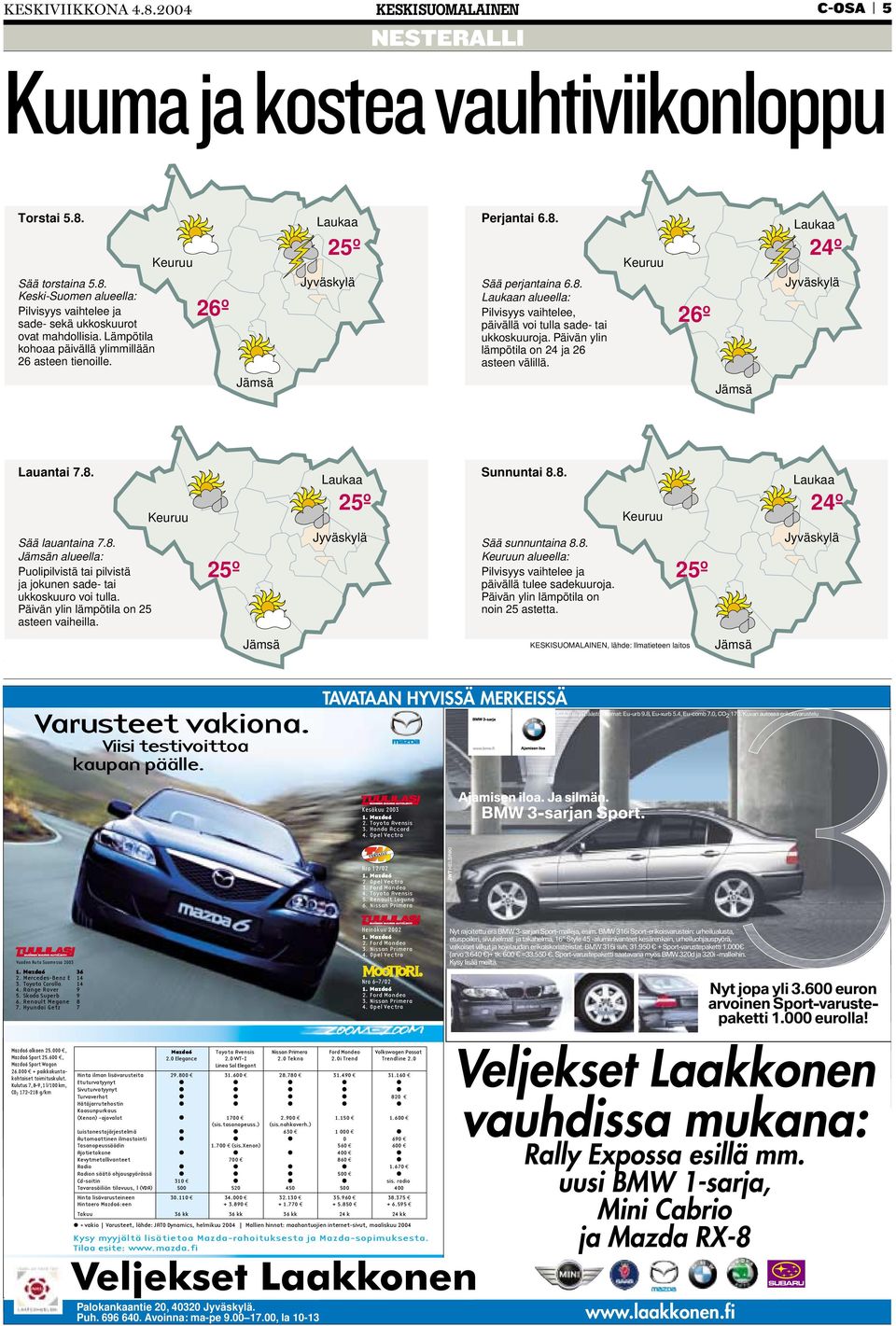 Päivän ylin lämpötila on 24 ja 26 asteen välillä. Keuruu 26º Laukaa 24º Jyväskylä Jämsä Jämsä Lauantai 7.8. Sunnuntai 8.8. Laukaa Sää lauantaina 7.8. Jämsän alueella: Puolipilvistä tai pilvistä ja jokunen sade- tai ukkoskuuro voi tulla.