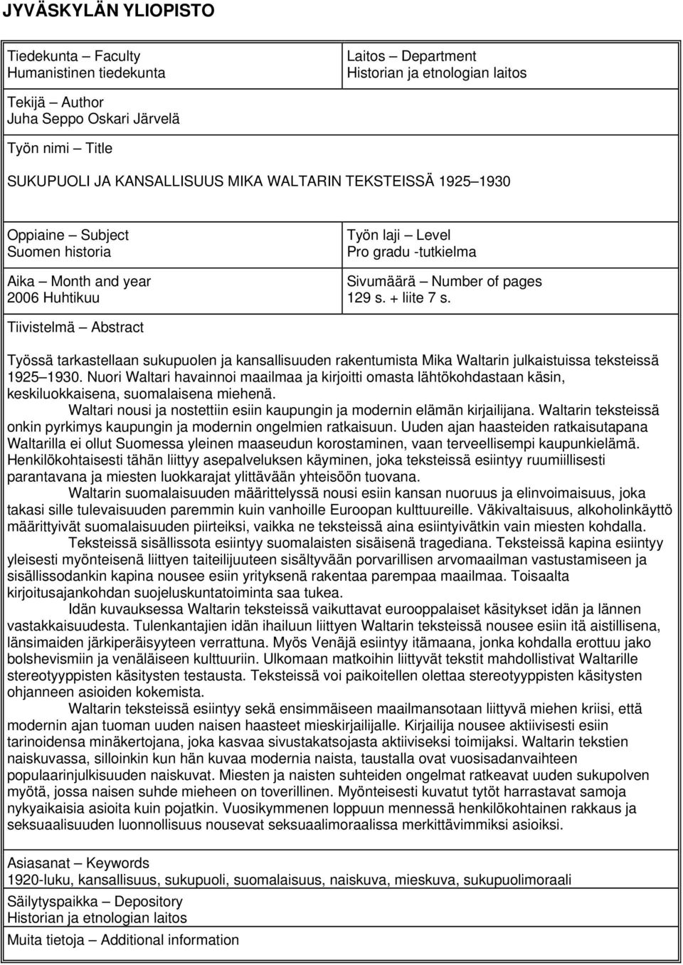 Tiivistelmä Abstract Työssä tarkastellaan sukupuolen ja kansallisuuden rakentumista Mika Waltarin julkaistuissa teksteissä 1925 1930.