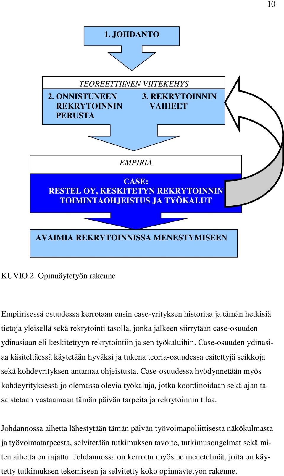 Opinnäytetyön rakenne Empiirisessä osuudessa kerrotaan ensin case-yrityksen historiaa ja tämän hetkisiä tietoja yleisellä sekä rekrytointi tasolla, jonka jälkeen siirrytään case-osuuden ydinasiaan