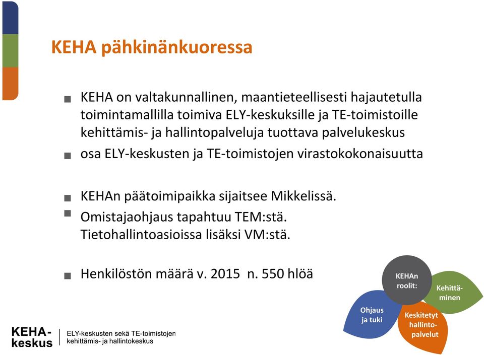 toimistojen virastokokonaisuutta KEHAn päätoimipaikka sijaitsee Mikkelissä. Omistajaohjaus tapahtuu TEM:stä.