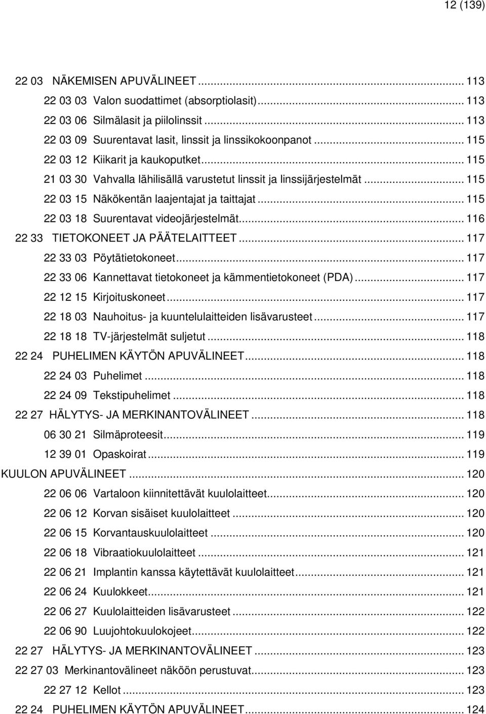 .. 115 22 03 18 Suurentavat videojärjestelmät... 116 22 33 TIETOKONEET JA PÄÄTELAITTEET... 117 22 33 03 Pöytätietokoneet... 117 22 33 06 Kannettavat tietokoneet ja kämmentietokoneet (PDA).