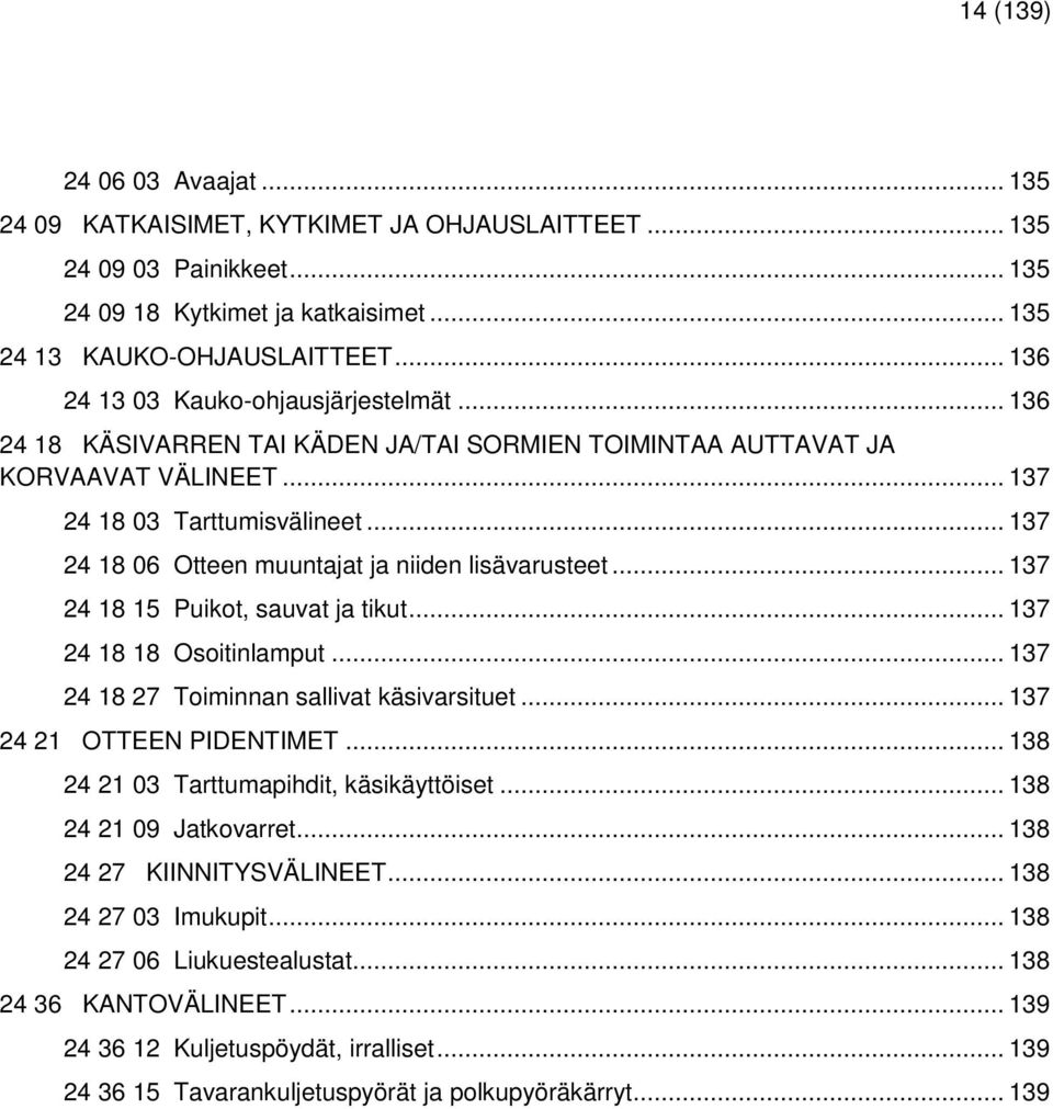 .. 137 24 18 06 Otteen muuntajat ja niiden lisävarusteet... 137 24 18 15 Puikot, sauvat ja tikut... 137 24 18 18 Osoitinlamput... 137 24 18 27 Toiminnan sallivat käsivarsituet.