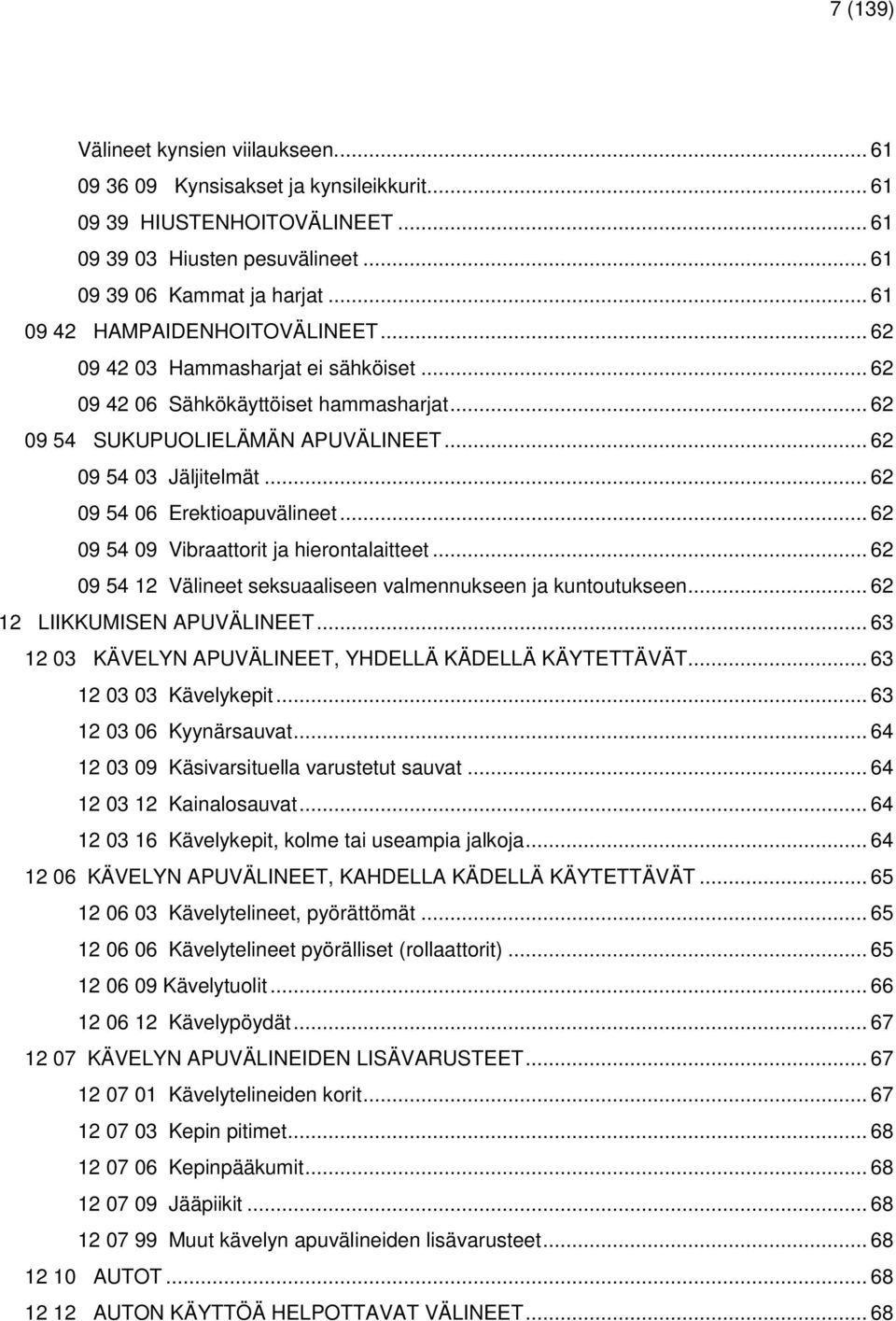 .. 62 09 54 06 Erektioapuvälineet... 62 09 54 09 Vibraattorit ja hierontalaitteet... 62 09 54 12 Välineet seksuaaliseen valmennukseen ja kuntoutukseen... 62 12 LIIKKUMISEN APUVÄLINEET.