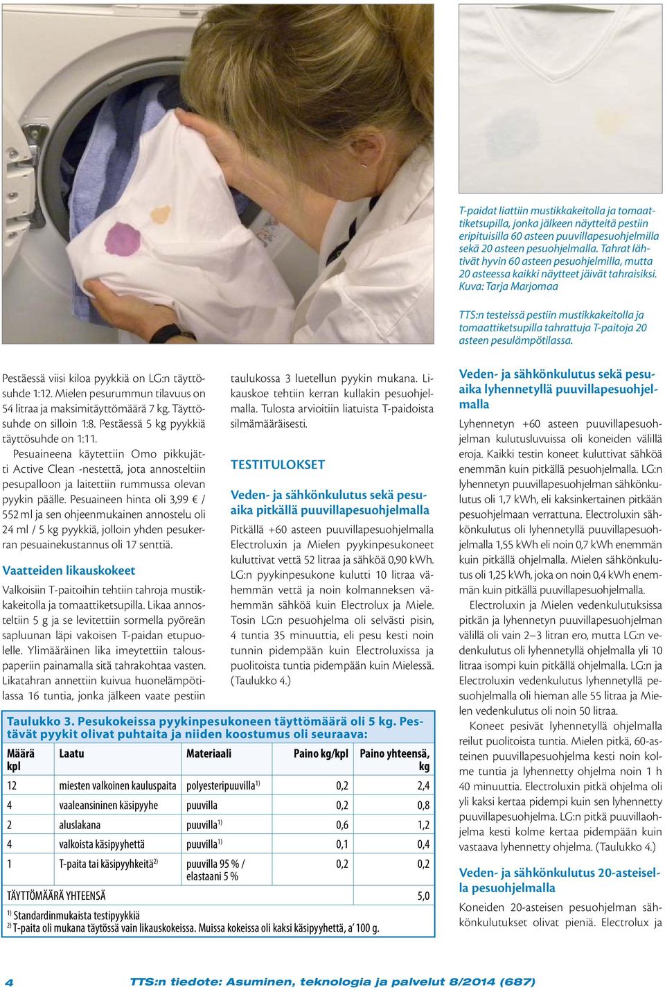 Kuva: Tarja Marjomaa TTS:n testeissä pestiin mustikkakeitolla ja tomaattiketsupilla tahrattuja T-paitoja 20 asteen pesulämpötilassa. Pestäessä viisi kiloa pyykkiä on LG:n täyttösuhde 1:12.