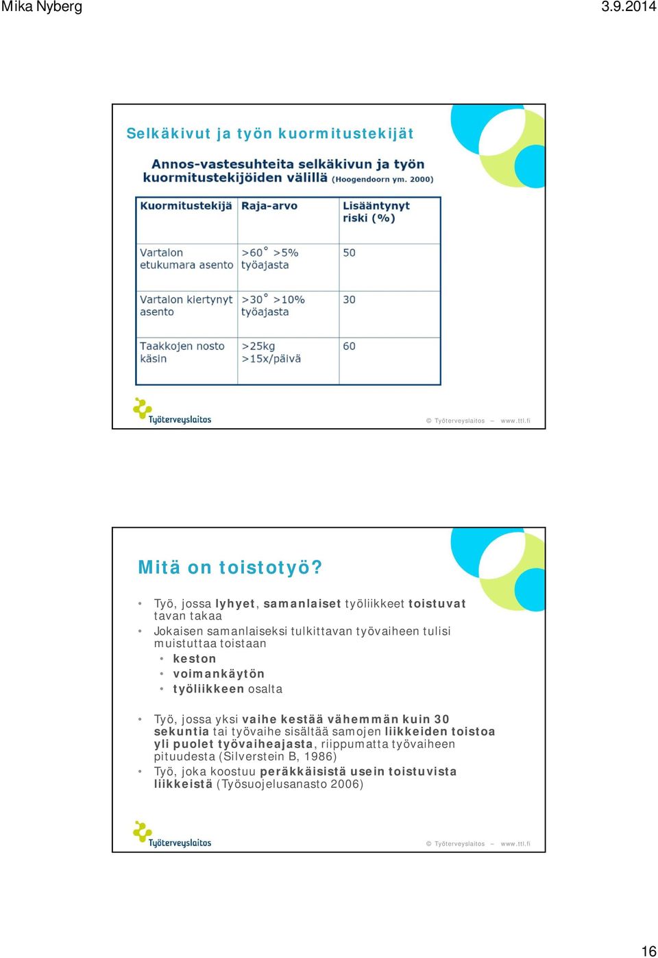 muistuttaa toistaan keston voimankäytön työliikkeen osalta Työ, jossa yksi vaihe kestää vähemmän kuin 30 sekuntia tai työvaihe