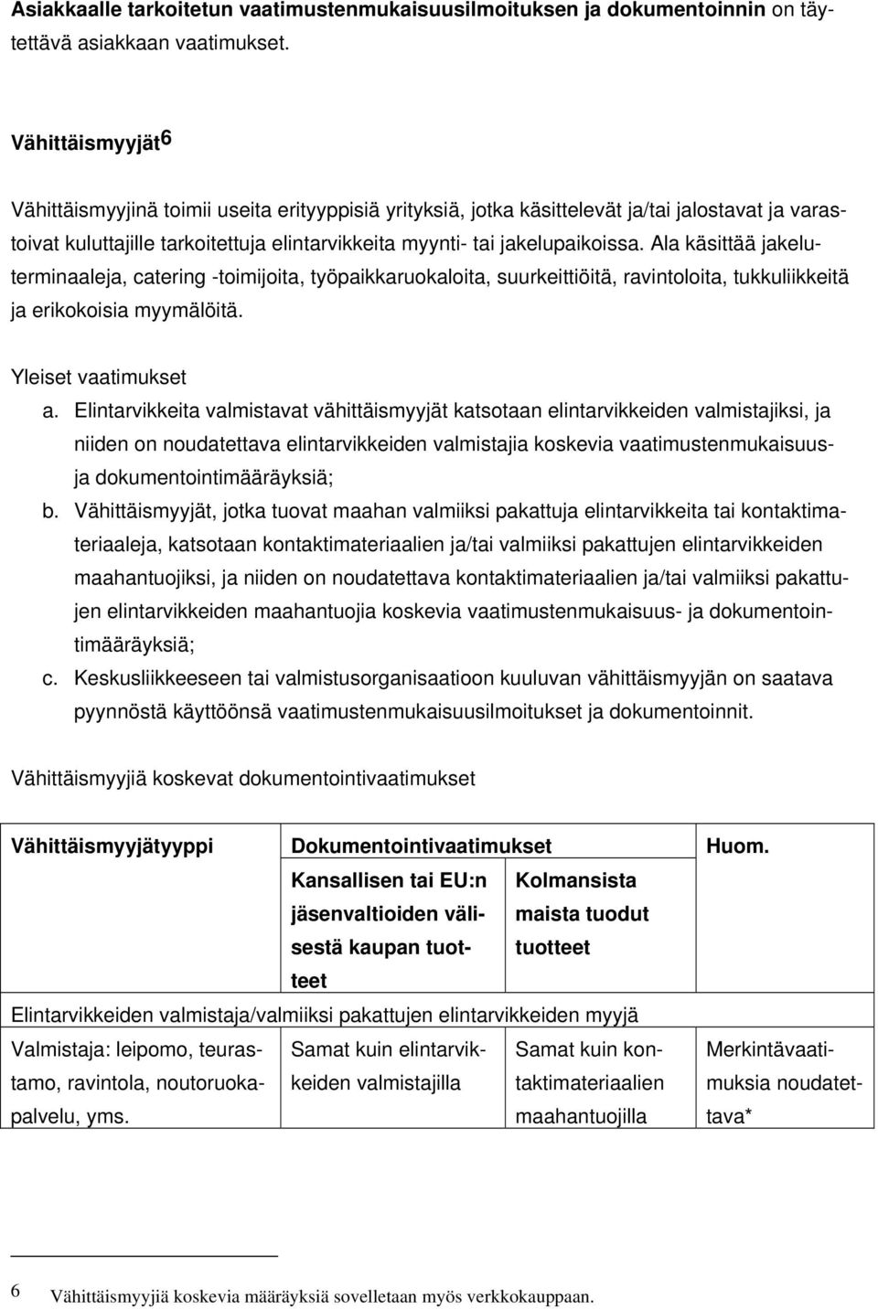 Ala käsittää jakeluterminaaleja, catering -toimijoita, työpaikkaruokaloita, suurkeittiöitä, ravintoloita, tukkuliikkeitä ja erikokoisia myymälöitä. Yleiset vaatimukset a.