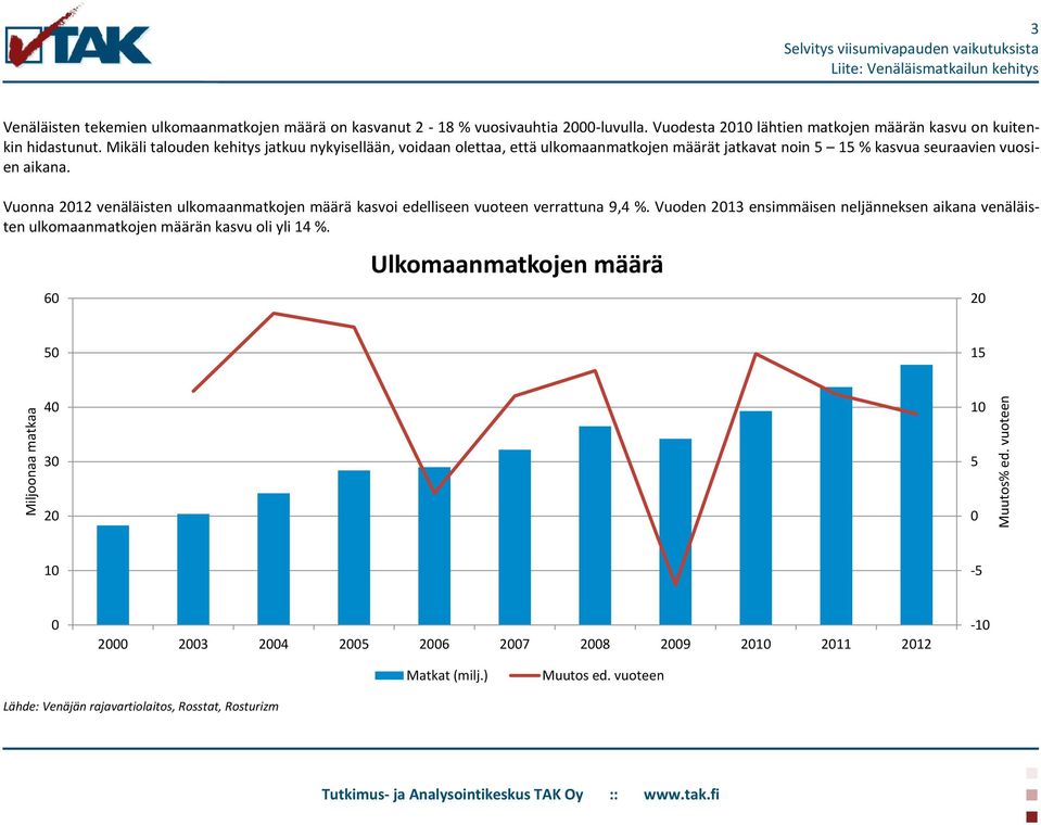 Mikäli talouden kehitys jatkuu nykyisellään, voidaan olettaa, että ulkomaanmatkojen määrät jatkavat noin 5 15 % kasvua seuraavien vuosien aikana.