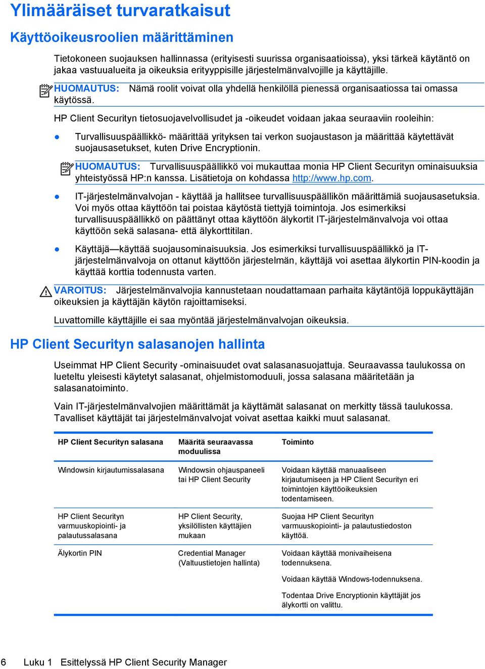 Nämä roolit voivat olla yhdellä henkilöllä pienessä organisaatiossa tai omassa HP Client Securityn tietosuojavelvollisudet ja -oikeudet voidaan jakaa seuraaviin rooleihin: Turvallisuuspäällikkö-