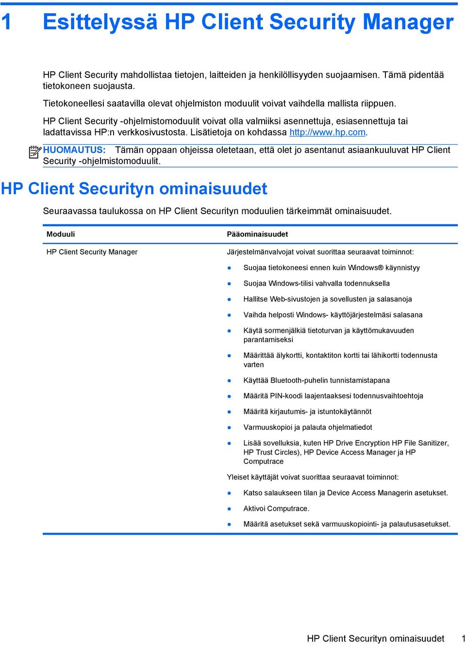 HP Client Security -ohjelmistomoduulit voivat olla valmiiksi asennettuja, esiasennettuja tai ladattavissa HP:n verkkosivustosta. Lisätietoja on kohdassa http://www.hp.com.