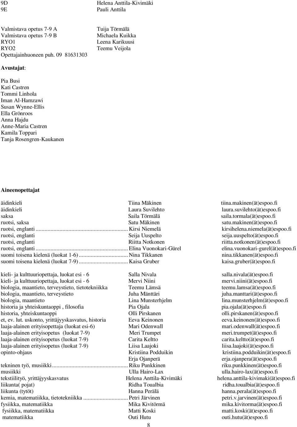 Kamila Toppari Tanja Rosengren-Kaukanen Aineenopettajat äidinkieli Tiina Mäkinen tiina.makinen(ät)espoo.fi äidinkieli Laura Suvilehto laura.suvilehto(ät)espoo.fi saksa Saila Törmälä saila.