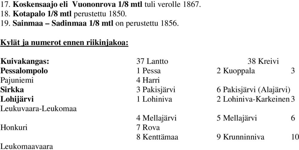 Kylät ja numerot ennen riikinjakoa: Kuivakangas: 37 Lantto 38 Kreivi Pessalompolo 1 Pessa 2 Kuoppala 3 Pajuniemi 4