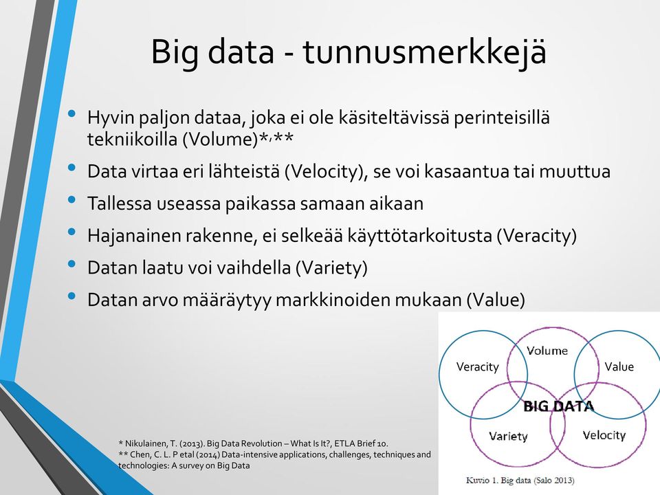 Datan laatu voi vaihdella (Variety) Datan arvo määräytyy markkinoiden mukaan (Value) Veracity Value * Nikulainen, T. (2013).