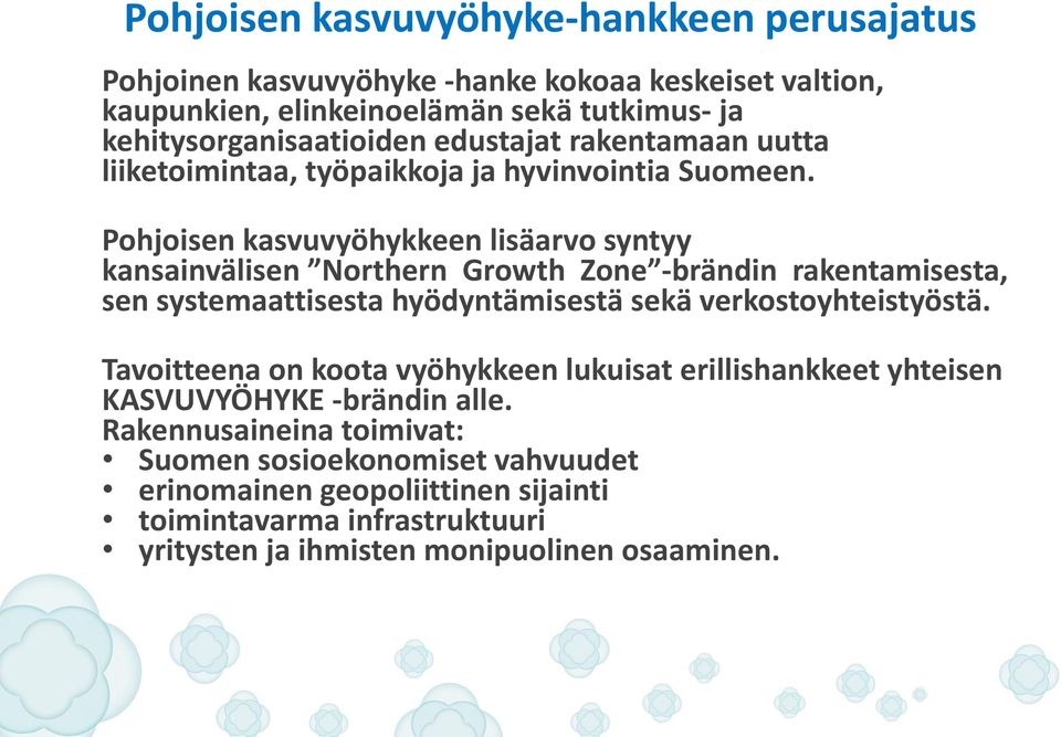 Pohjoisen kasvuvyöhykkeen lisäarvo syntyy kansainvälisen Northern Growth Zone -brändin rakentamisesta, sen systemaattisesta hyödyntämisestä sekä verkostoyhteistyöstä.