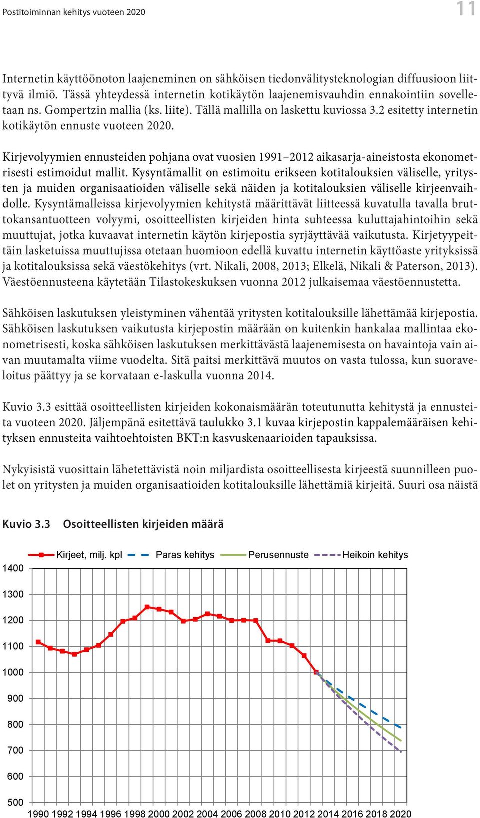 2 esitetty internetin kotikäytön ennuste vuoteen 2020. Kirjevolyymien ennusteiden pohjana ovat vuosien 1991 2012 aikasarja-aineistosta ekonometrisesti estimoidut mallit.