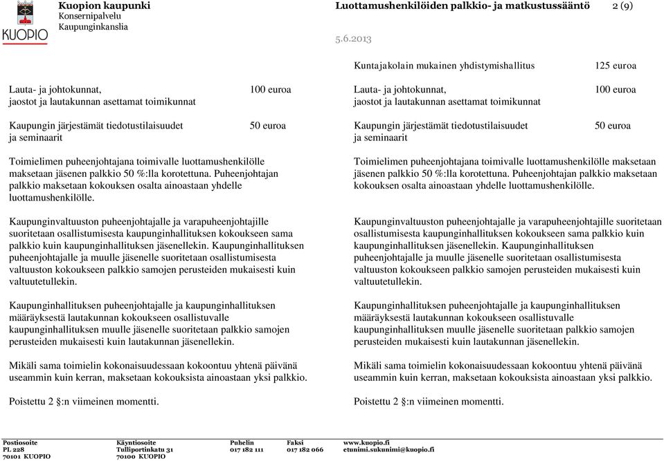 seminaarit 50 euroa Toimielimen puheenjohtajana toimivalle luottamushenkilölle maksetaan jäsenen palkkio 50 %:lla korotettuna.