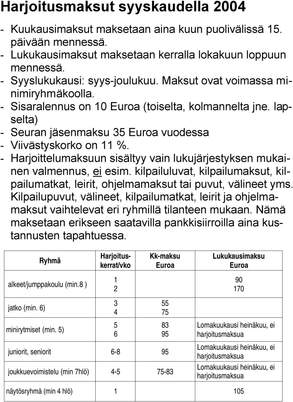 - Harjoittelumaksuun sisältyy vain lukujärjestyksen mukainen valmennus, ei esim. kilpailuluvat, kilpailumaksut, kilpailumatkat, leirit, ohjelmamaksut tai puvut, välineet yms.