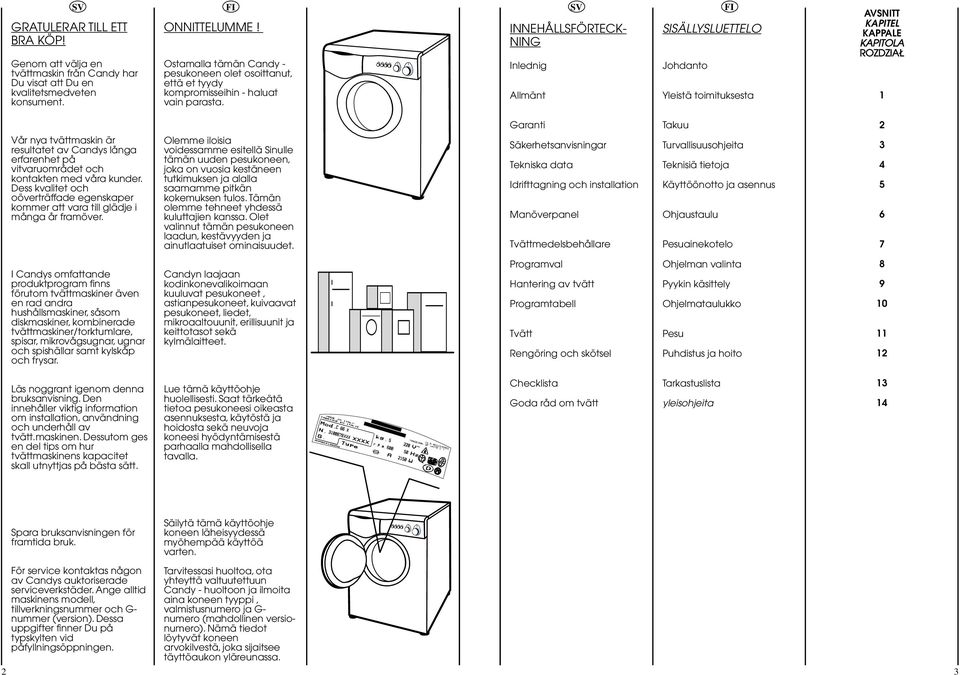 INNEHÅLLSFÖRTECK NING Inlednig Allmänt SISÄLLYSLUETTELO Johdanto Yleistä toimituksesta AVSNITT KAPITEL KAPPALE KAPITOLA ROZDZIAÄ Vår nya tvättmaskin är resultatet av Candys långa erfarenhet på