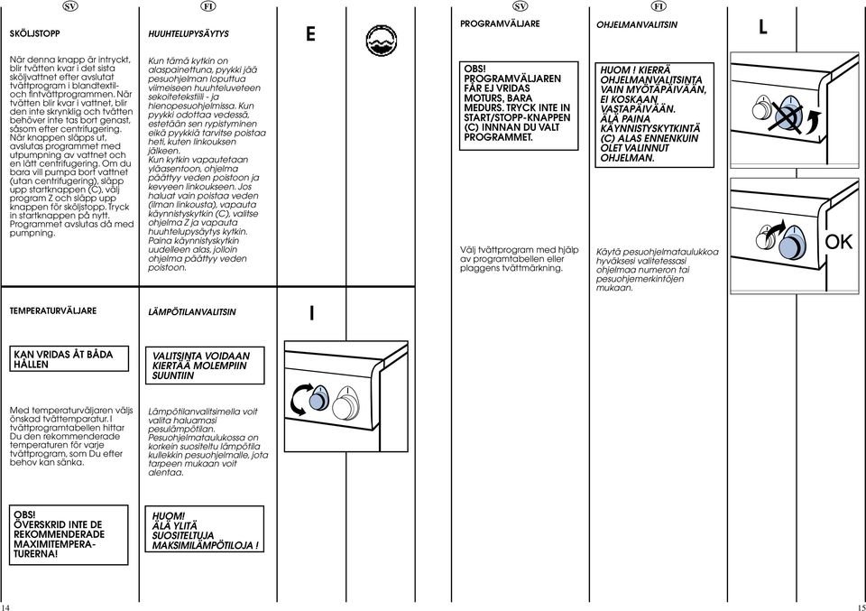 När knappen släpps ut, avslutas programmet med utpumpning av vattnet och en lätt centrifugering.