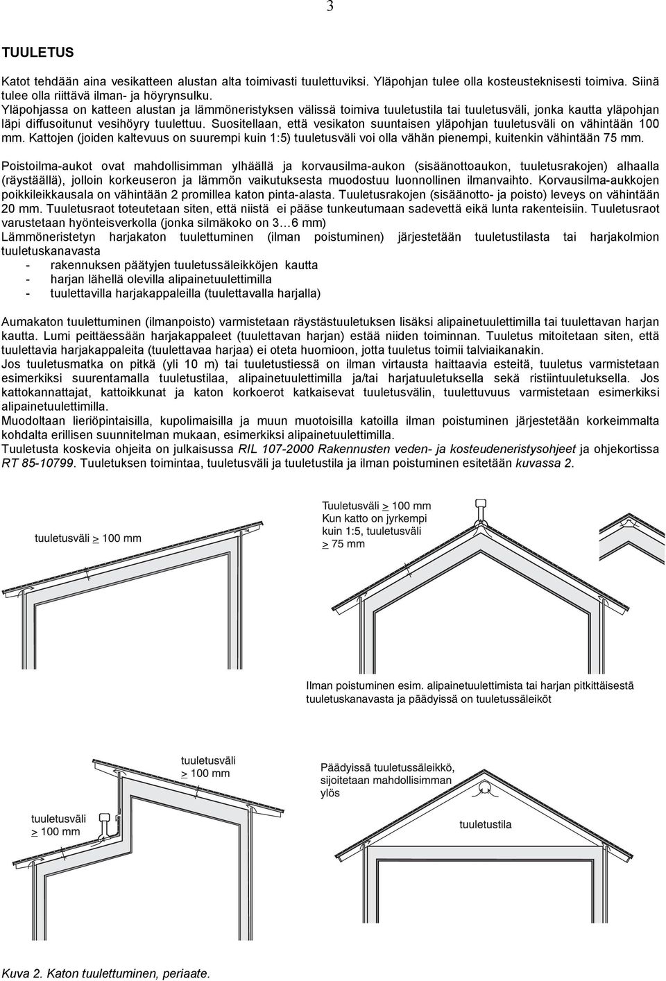 Suositellaan, että vesikaton suuntaisen yläpohjan tuuletusväli on vähintään 100 mm. Kattojen (joiden kaltevuus on suurempi kuin 1:5) tuuletusväli voi olla vähän pienempi, kuitenkin vähintään 75 mm.