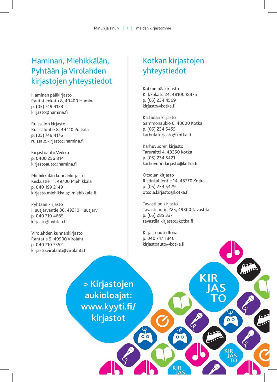 fi Miehikkälän kunnankirjasto Keskustie 11, 49700 Miehikkälä p. 040 199 2149 kirjasto.miehikkala@miehikkala.fi Pyhtään kirjasto Huutjärventie 30, 49210 Huutjärvi p. 040 710 4685 kirjasto@pyhtaa.